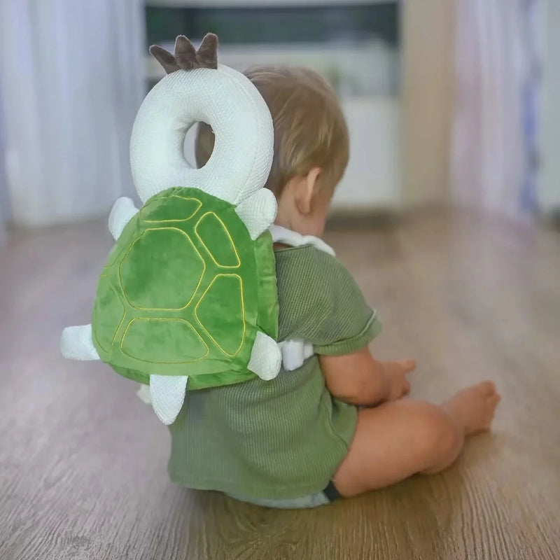 Baby wearing the Turtle Snugjooy baby head protector, parent review
